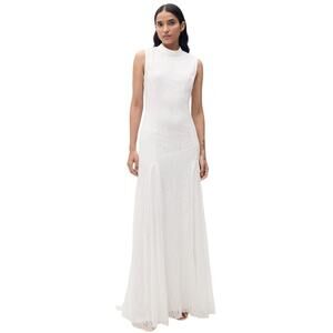 MANGO MNG Lace Godet Dress Sleeveless High Neck Stretch Knit Gown White EUC 4